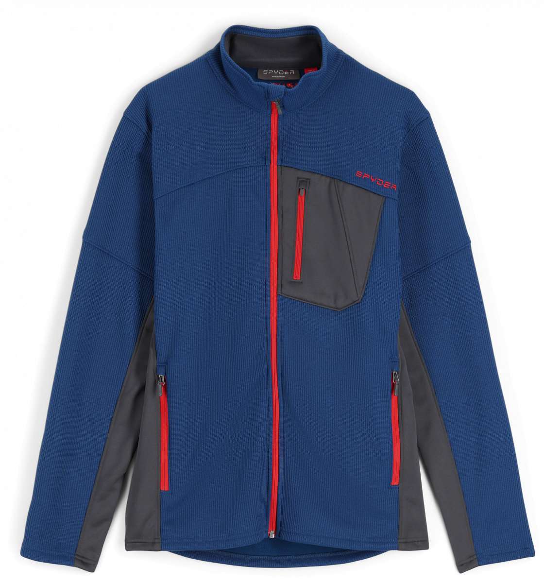 Spyder Bandit Hybrid Full-Zip Jacket 2023 - A blue jacket with a black chest pocket and red zipper.