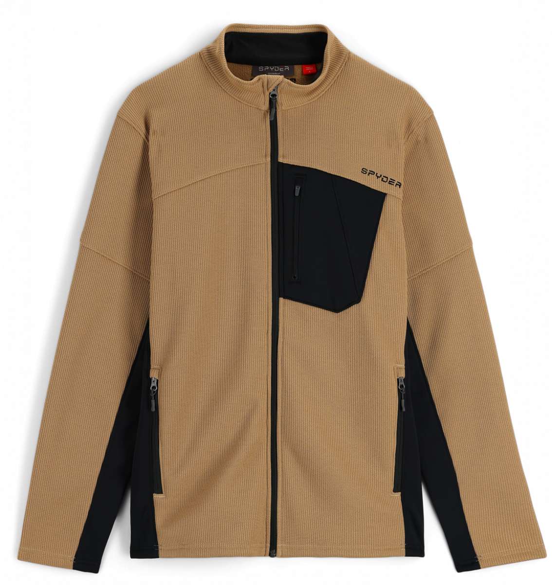 Spyder Bandit Hybrid Full-Zip Jacket 2023 - A tan jacket with a black chest pocket and zipper, featuring a textured fabric pattern on the upper body.