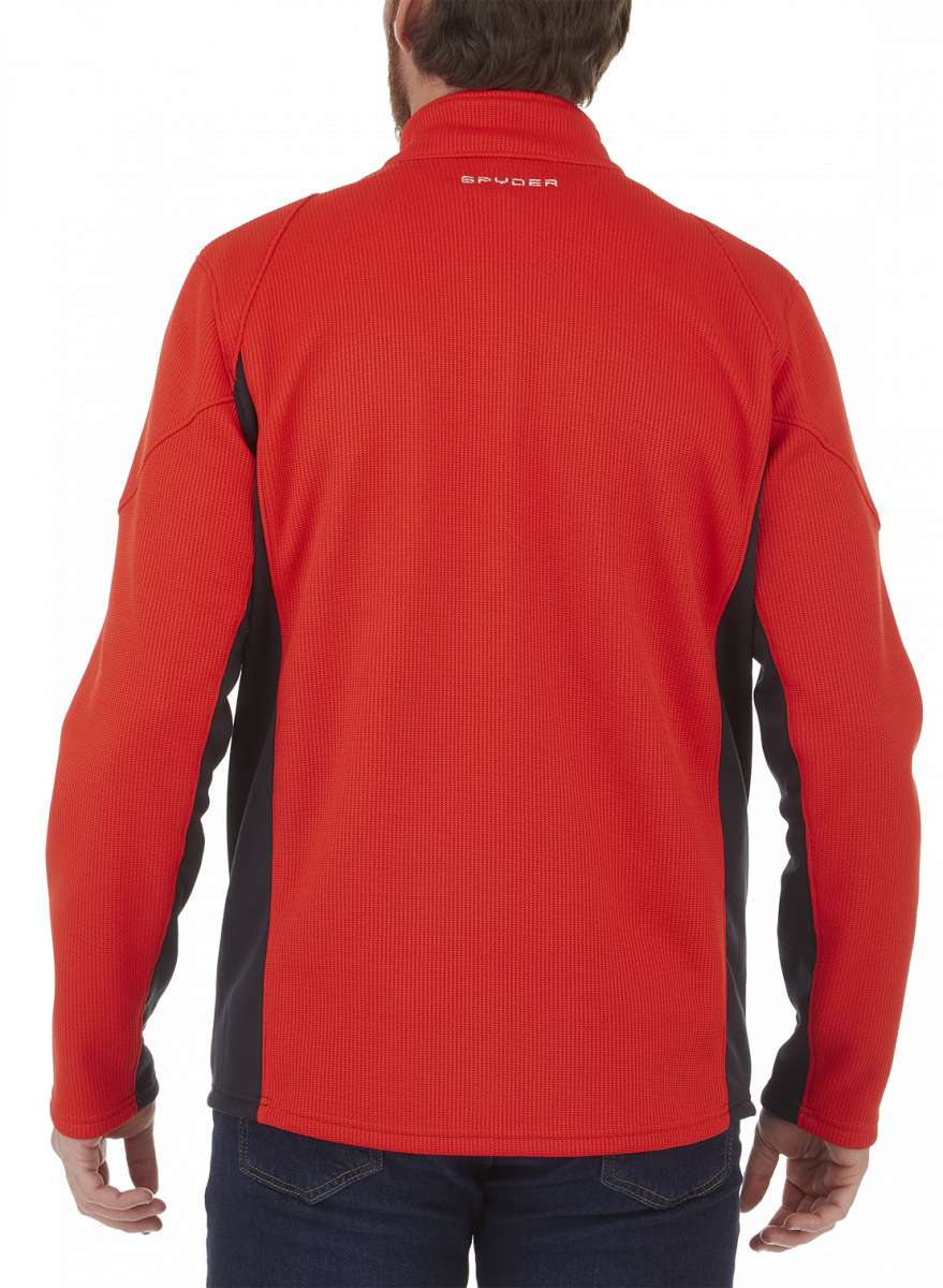 Spyder Bandit Hybrid Full-Zip Jacket 2023 - A red jacket with a black zipper and white lettering on the chest.