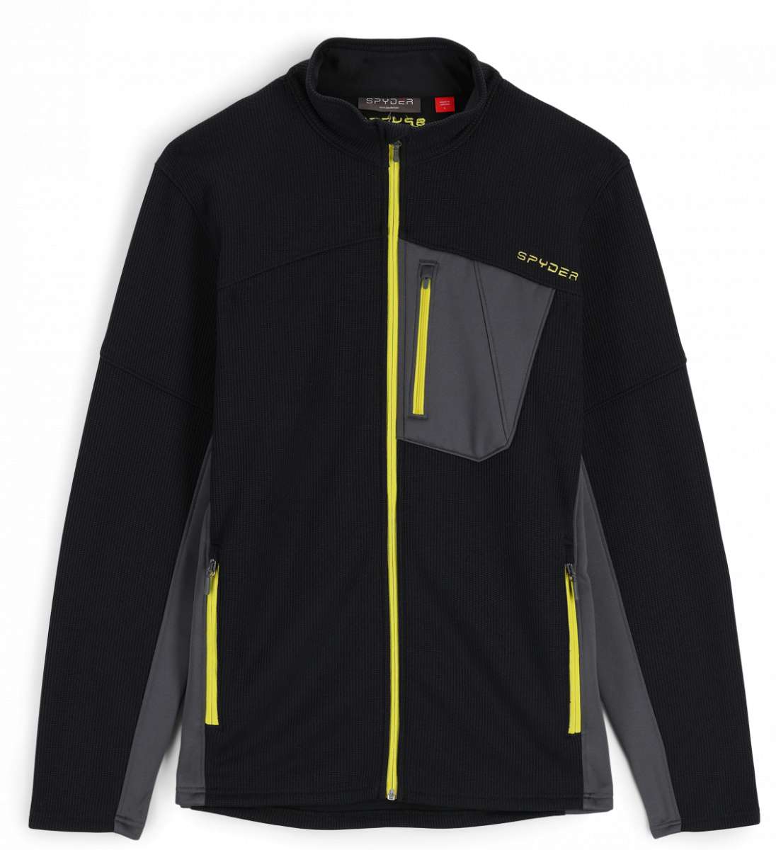 Spyder Bandit Hybrid Full-Zip Jacket 2023 - A black jacket with a yellow zipper and gray accents on the chest pocket.