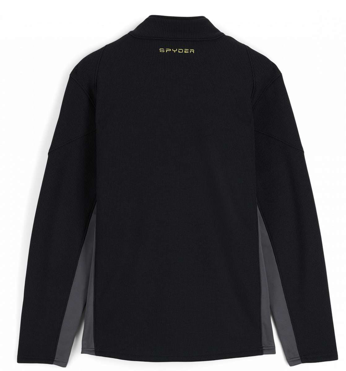 Spyder Bandit Hybrid Full-Zip Jacket 2023 - A black jacket with a high collar and zippered front, featuring a subtle pattern of thin white lines on the fabric.