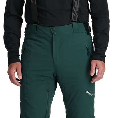 Spyder Bormio GORE-TEX Insulated Pant 2024 - Dark green insulated ski pants with a zippered pocket on the thigh and adjustable Velcro straps at the waist.