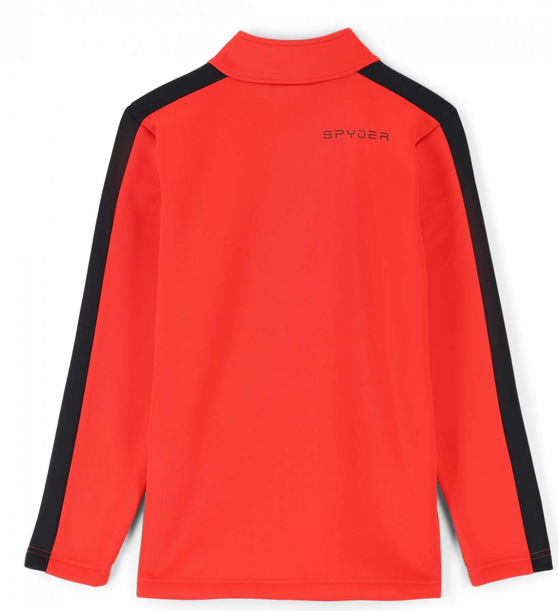 Spyder Boys Base 1/4 Zip Turtle Neck 2023 - A coral-colored turtle neck with a zip closure and long sleeves, featuring black Spyder logos on the chest and sleeve cuffs.
