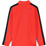 Spyder Boys Base 1/4 Zip Turtle Neck 2023 - A coral-colored turtle neck with a zip closure and long sleeves, featuring black Spyder logos on the chest and sleeve cuffs.