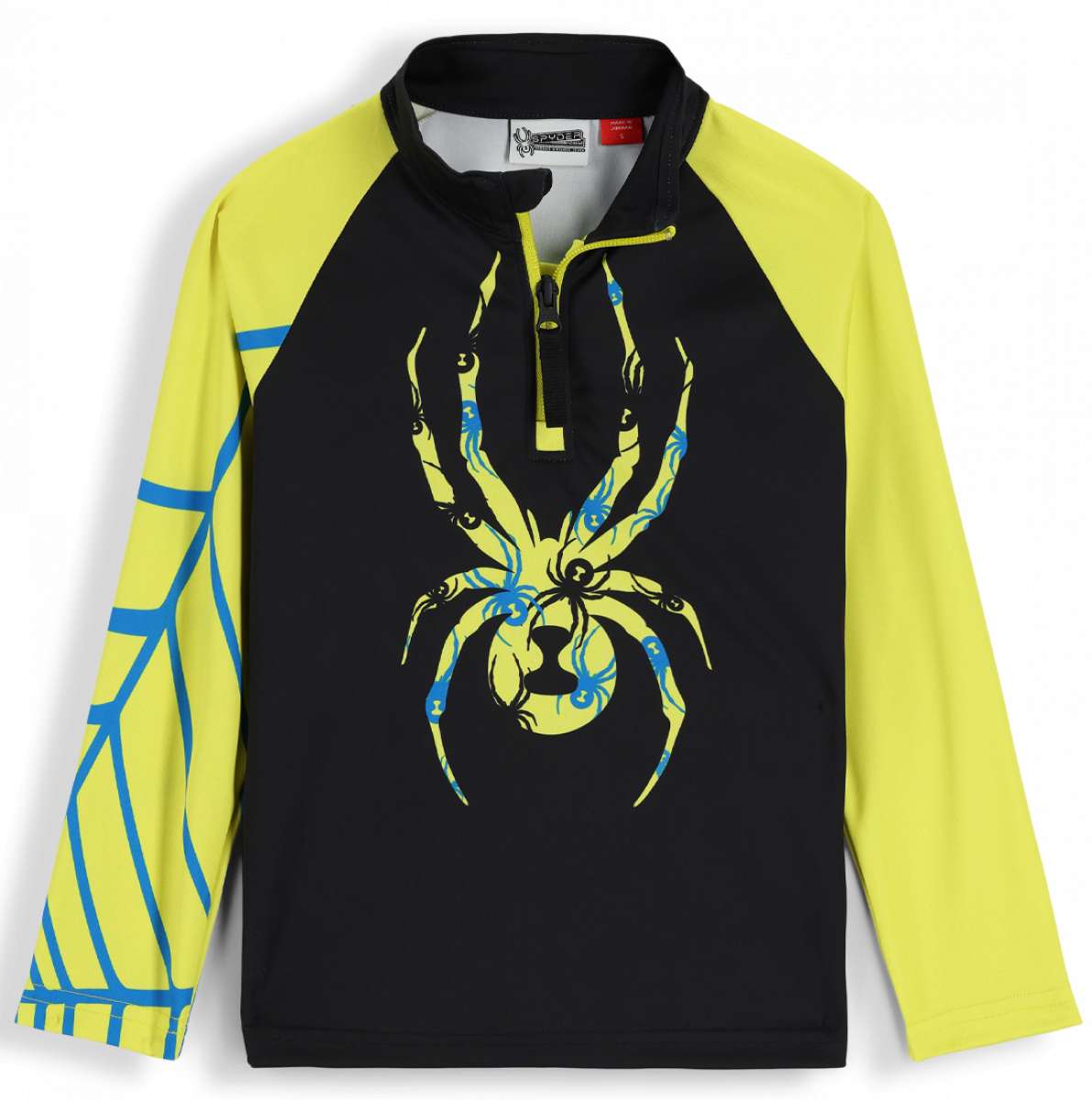 Spyder Boys Bitsy Bug Zip Turtle Neck 2023 - A black turtle neck with a large yellow bug on the front and blue accents.