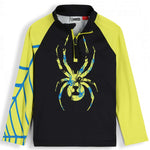 Spyder Boys Bitsy Bug Zip Turtle Neck 2023 - A black turtle neck with a large yellow bug on the front and blue accents.