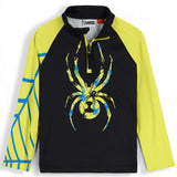 Spyder Boys Bitsy Bug Zip Turtle Neck 2023 - A black turtle neck with a large yellow bug on the front and blue accents.