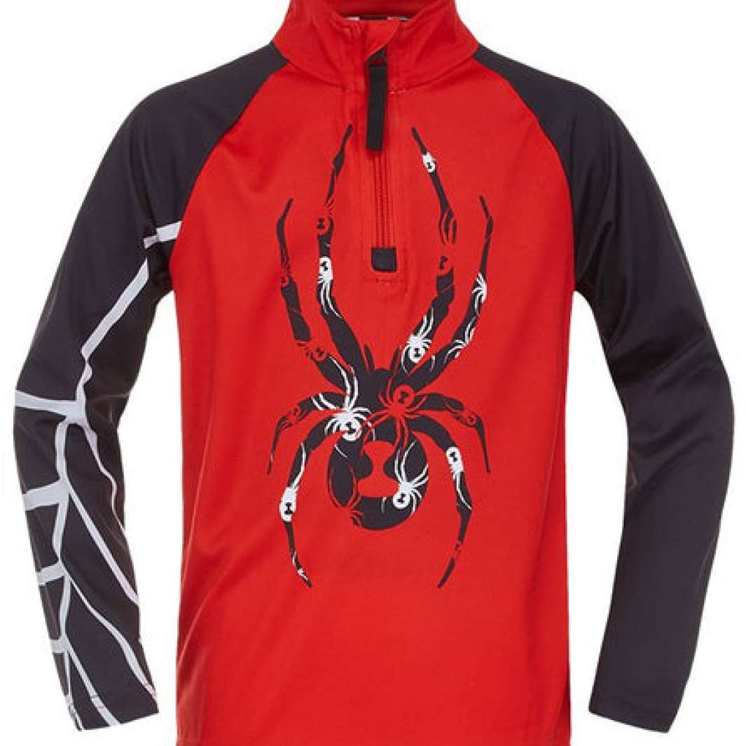 Spyder Boys Bitsy Bug Zip Turtleneck 2022 - A red turtleneck with a large black and white bug design on the front.