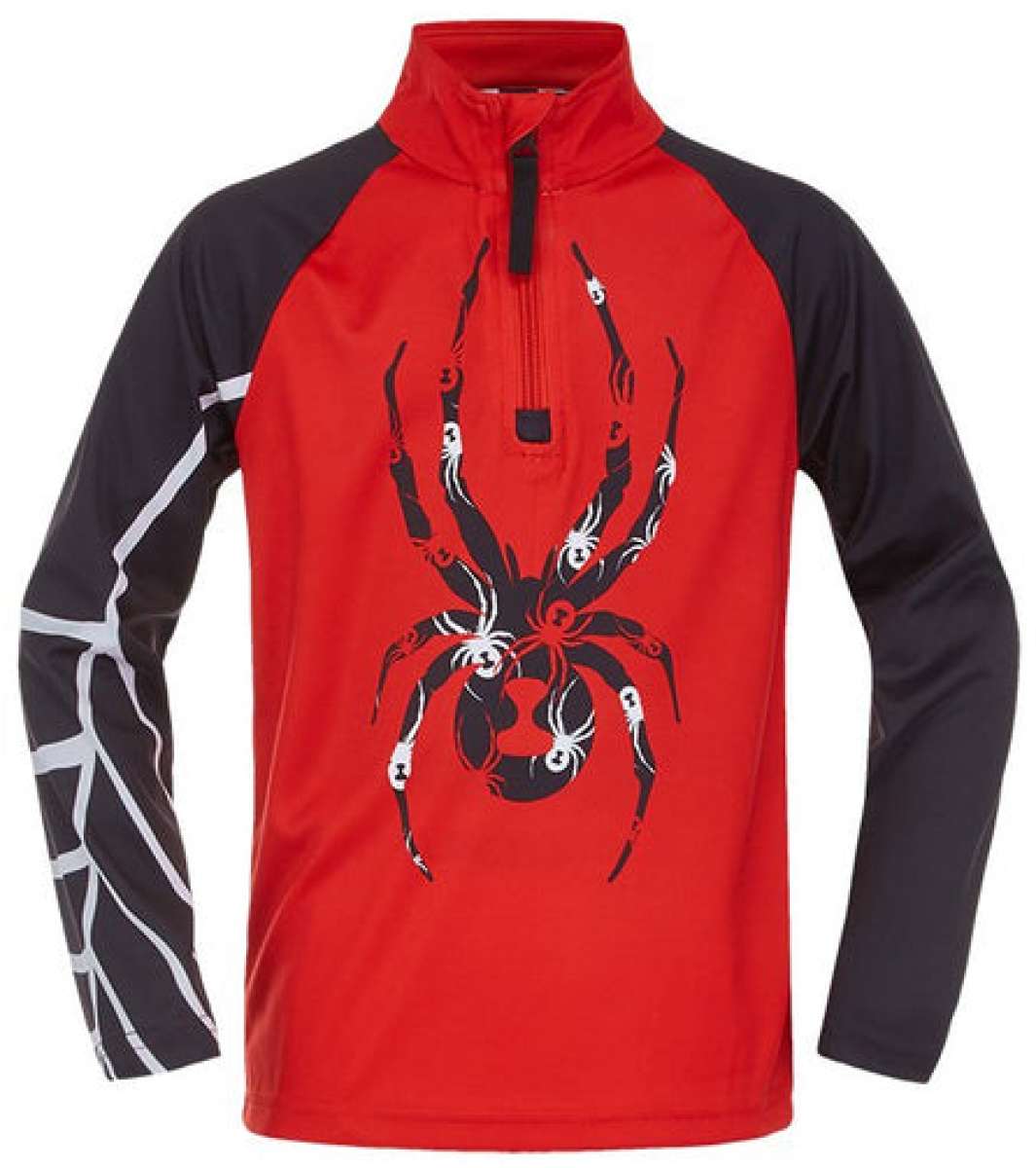Spyder Boys Bitsy Bug Zip Turtleneck 2022 - A red turtleneck with a large black and white bug design on the front.