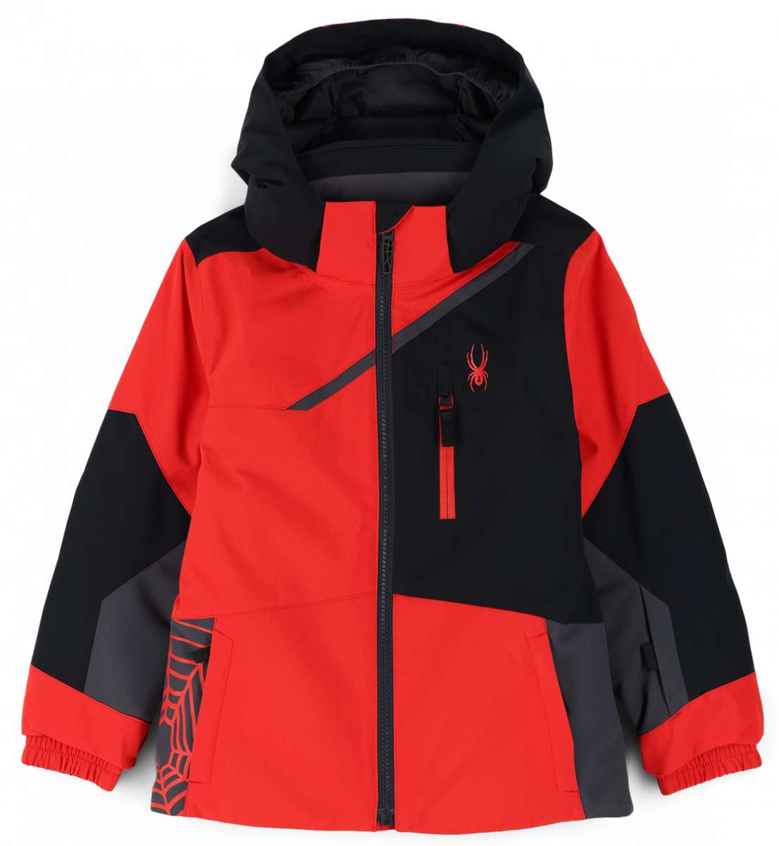 Spyder Boys Challenger Insulated Jacket 2023 - A red, black and grey jacket with a spider logo on the left chest.