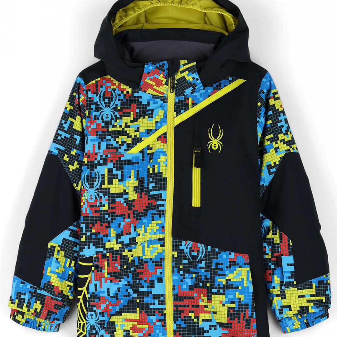 Spyder Boys Challenger Insulated Jacket 2023 - A black jacket with a pixelated pattern of blue, red and yellow accents.