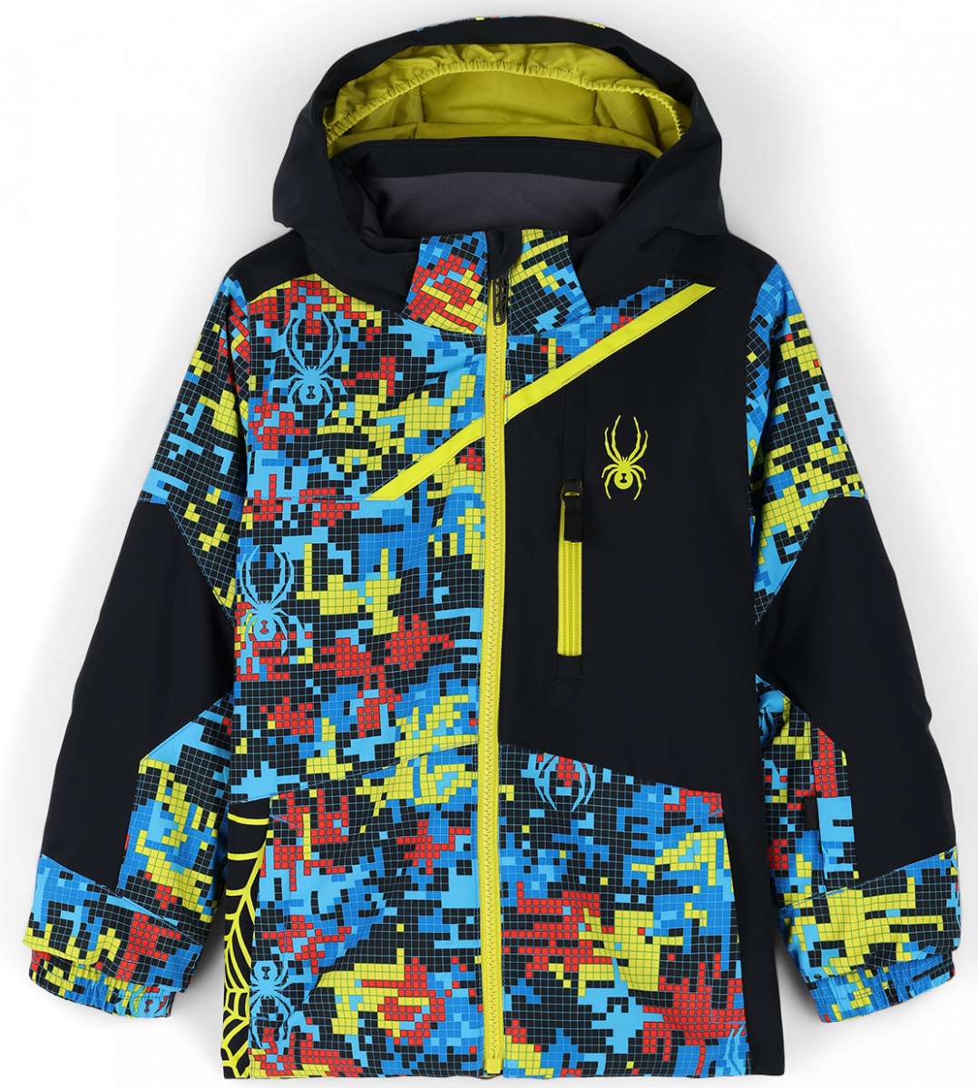 Spyder Boys Challenger Insulated Jacket 2023 - A black jacket with a pixelated pattern of blue, red and yellow accents.