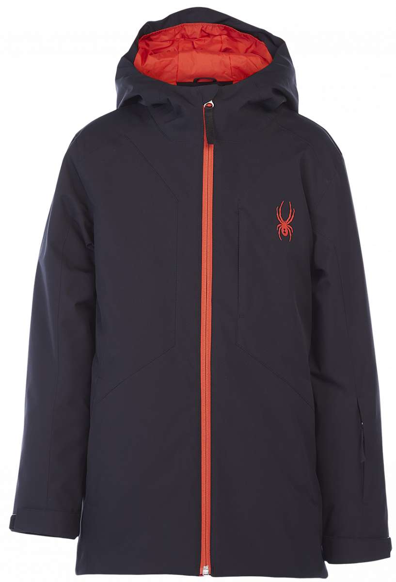 Spyder Boys Chief Insulated Jacket 2023 - A navy blue jacket with a red zipper and embroidered logo on the left chest.