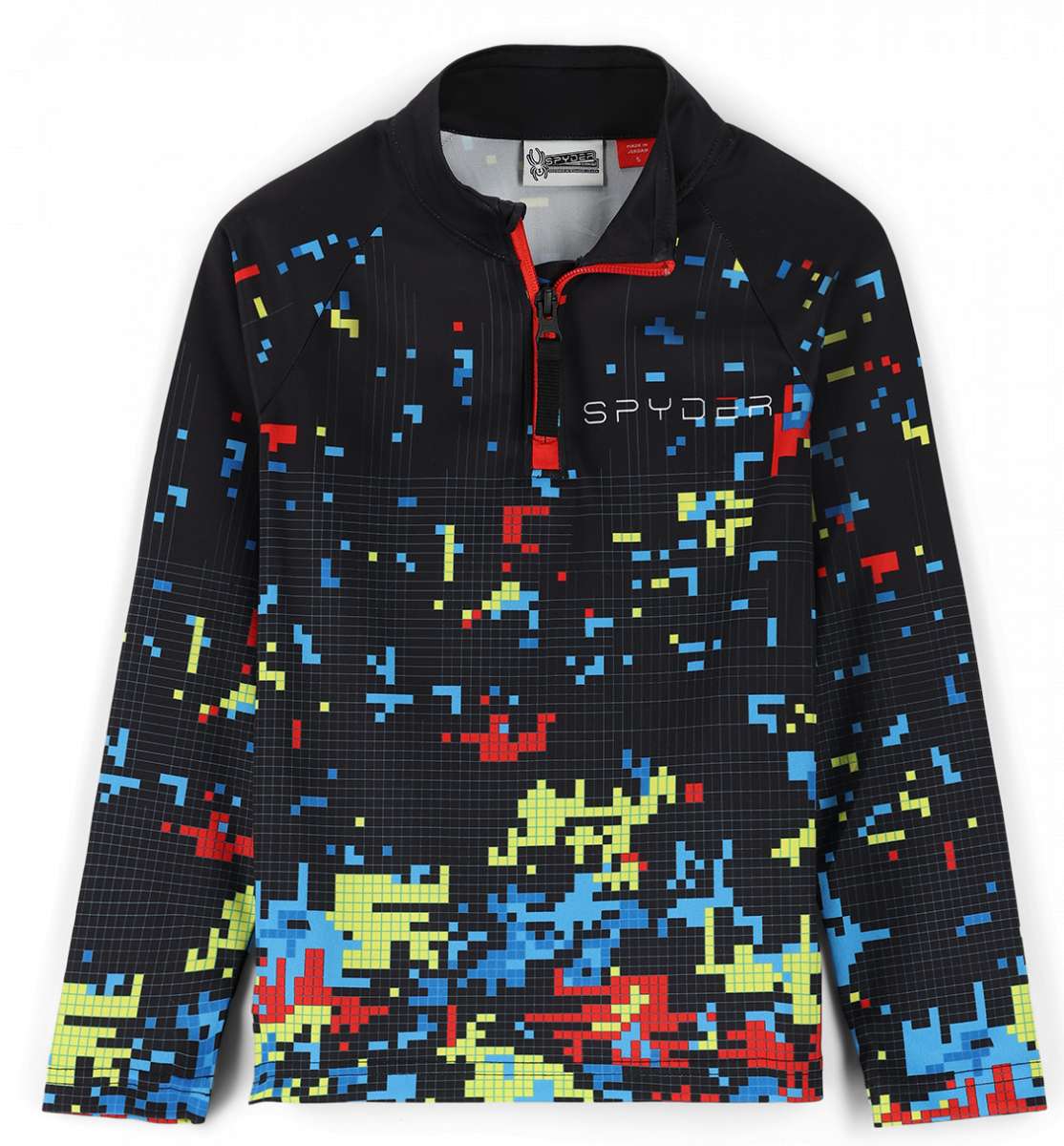 Spyder Boys Digital Zip Turtle Neck 2023 - A black turtle neck with a digital pixelated pattern of blue, red and yellow squares.