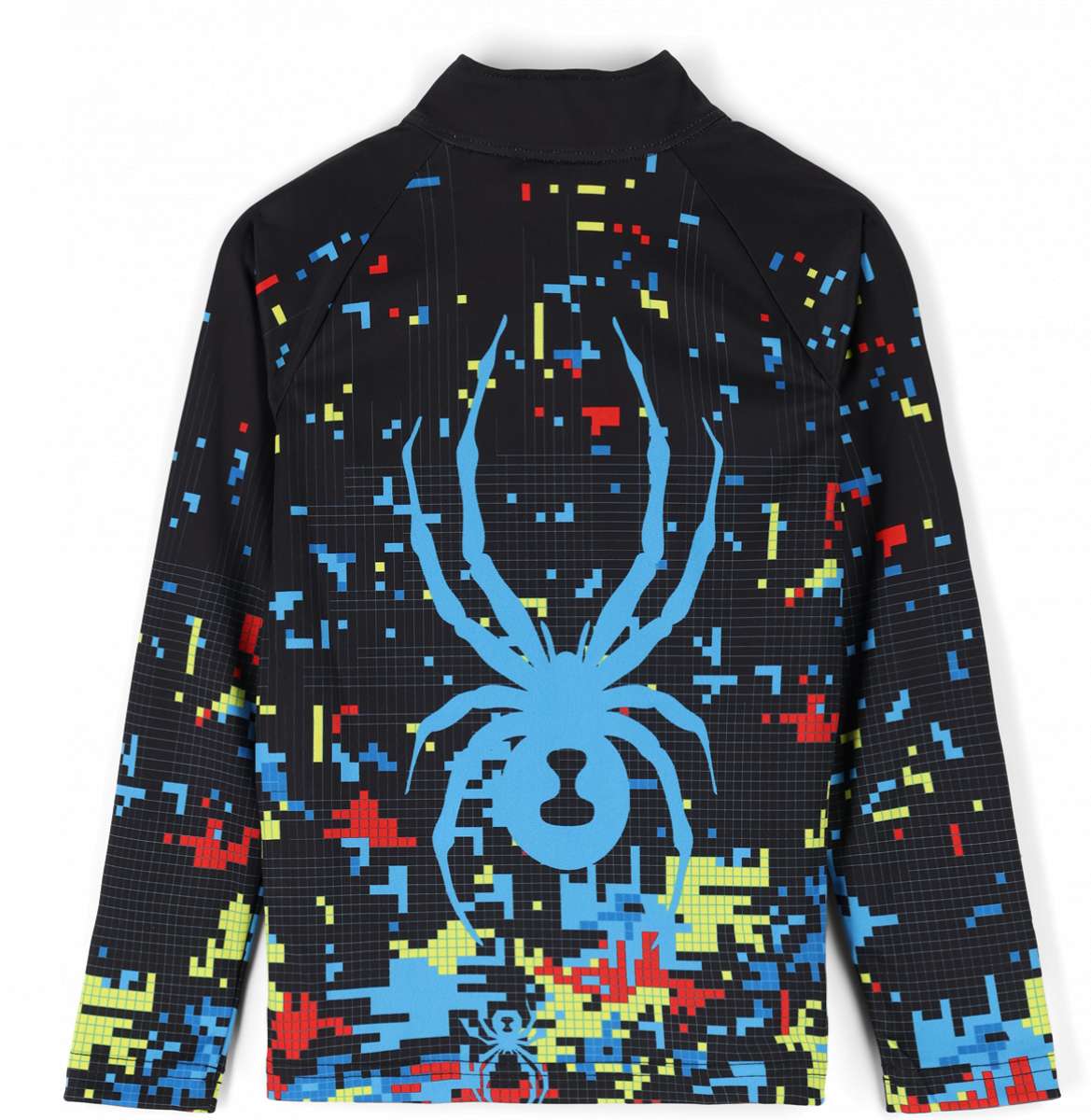 Spyder Boys Digital Zip Turtle Neck 2023 - A black turtle neck with a pixelated digital design featuring red, blue and yellow accents.