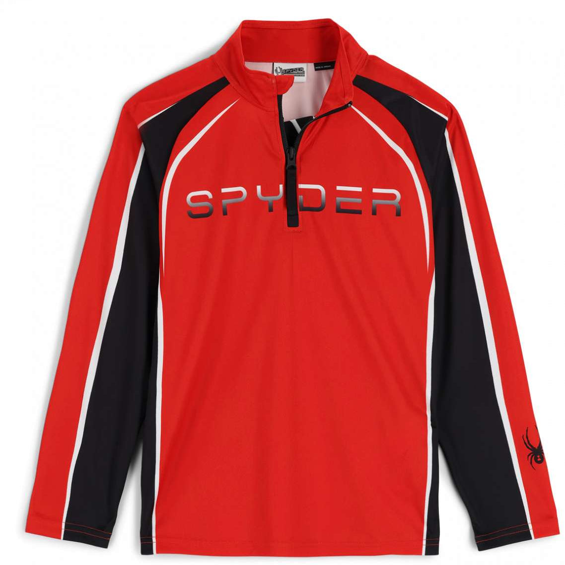 Spyder Boys Downhill Zip Turtle Neck 2023 - Red long-sleeved shirt with black zipper and white accents on sleeves.
