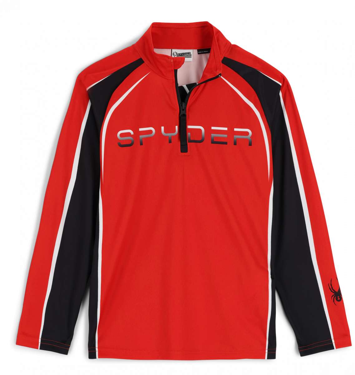 Spyder Boys Downhill Zip Turtle Neck 2023 - Red long-sleeved shirt with black zipper and white accents on sleeves.