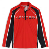 Spyder Boys Downhill Zip Turtle Neck 2023 - Red long-sleeved shirt with black zipper and white accents on sleeves.