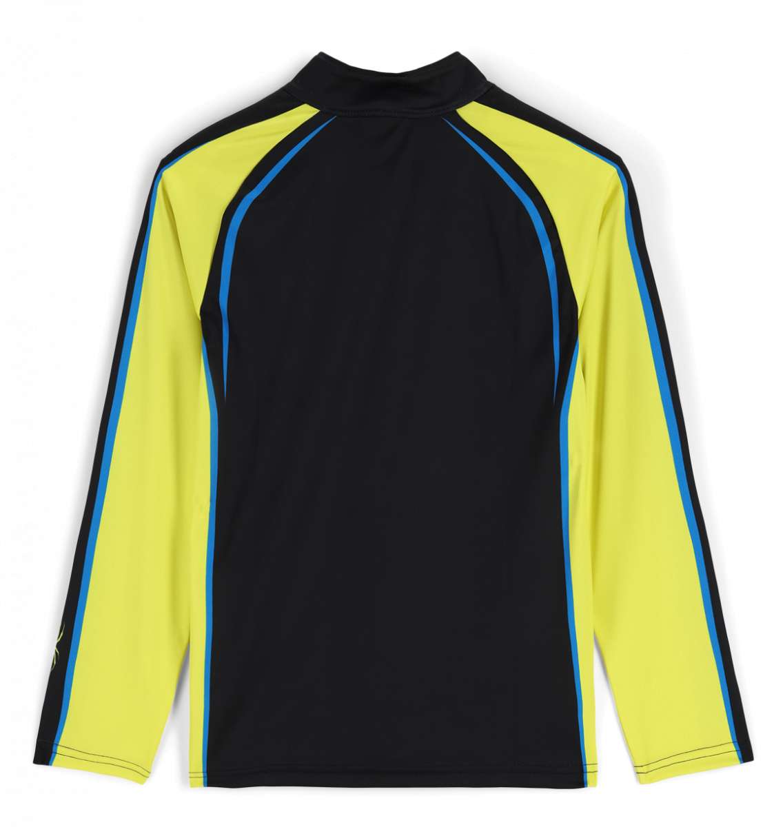 Spyder Boys Downhill Zip Turtle Neck 2023 - A black, long-sleeved shirt with a turtle neck and zippered front, featuring blue accents on the shoulders and chest.
