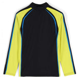 Spyder Boys Downhill Zip Turtle Neck 2023 - A black, long-sleeved shirt with a turtle neck and zippered front, featuring blue accents on the shoulders and chest.