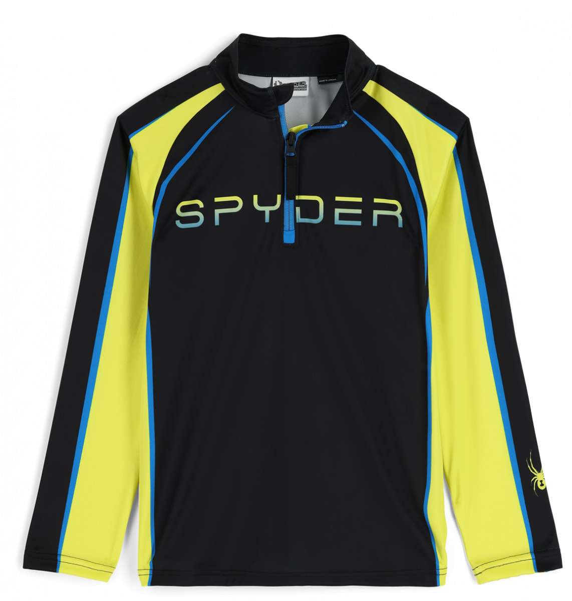 Spyder Boys Downhill Zip Turtle Neck 2023 - Black turtle neck with blue zipper and yellow accents on shoulders, chest, and cuffs.