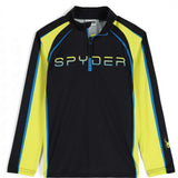 Spyder Boys Downhill Zip Turtle Neck 2023 - Black turtle neck with blue zipper and yellow accents on shoulders, chest, and cuffs.