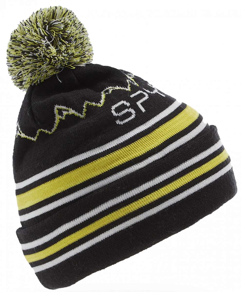 Spyder Boys Icebox Beanie 2023 - A black beanie with a neon green and white zig-zag pattern on the front.