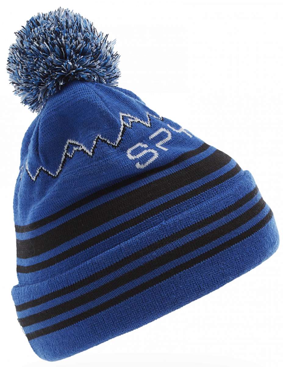Spyder Boys Icebox Beanie 2023 - A royal blue beanie with a white embroidered logo on the front and a matching pom-pom on top.