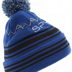 Spyder Boys Icebox Beanie 2023 - A royal blue beanie with a white embroidered logo on the front and a matching pom-pom on top.