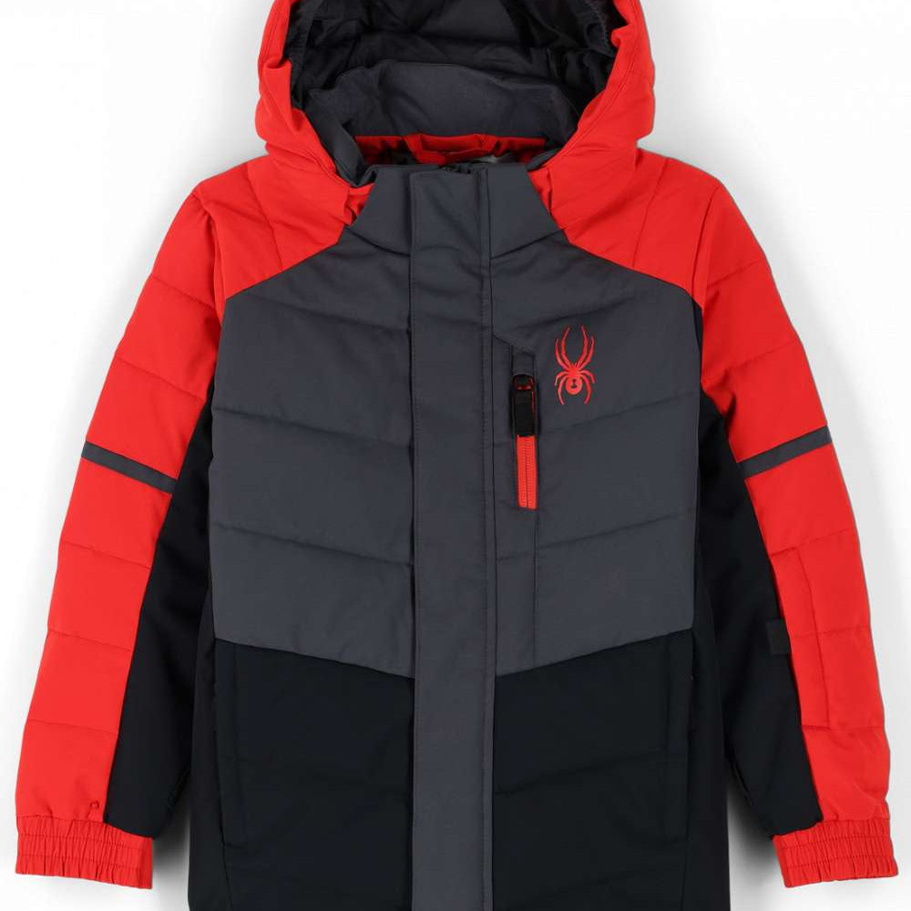 Spyder Boys Impulse Synthetic Down Jacket 2023 - A red and black jacket with a spider logo on the left chest, featuring a hood and zipper closure.