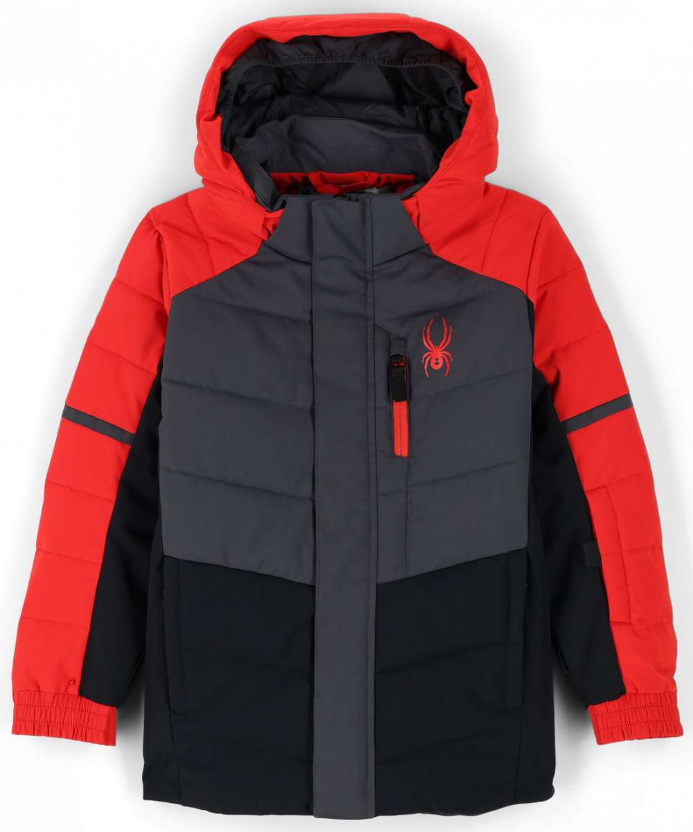 Spyder Boys Impulse Synthetic Down Jacket 2023 - A red and black jacket with a spider logo on the left chest, featuring a hood and zipper closure.