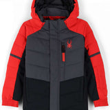 Spyder Boys Impulse Synthetic Down Jacket 2023 - A red and black jacket with a spider logo on the left chest, featuring a hood and zipper closure.