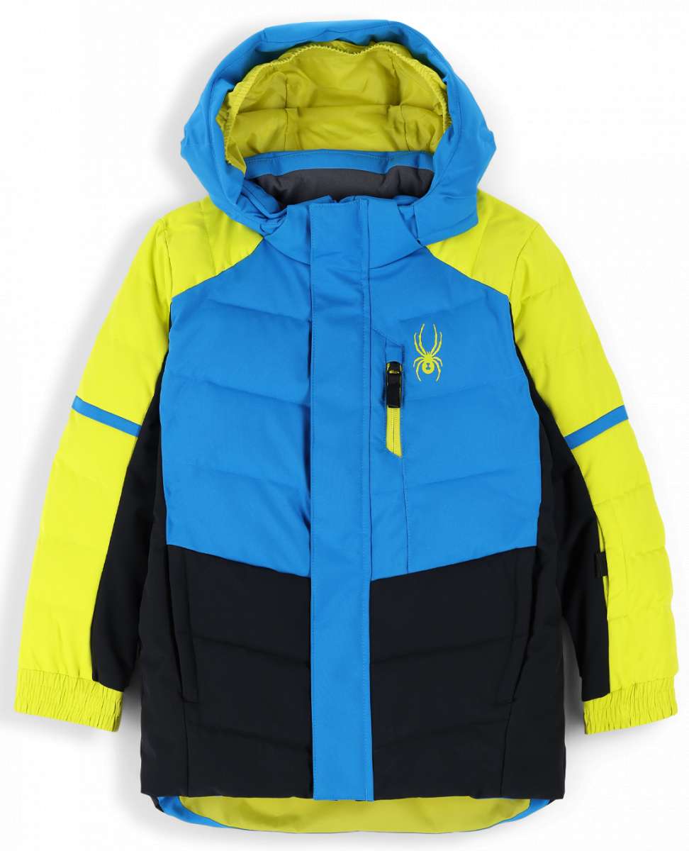 Spyder Boys Impulse Synthetic Down Jacket 2023 - A blue and black jacket with a yellow spider logo on the left chest.