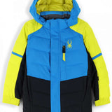 Spyder Boys Impulse Synthetic Down Jacket 2023 - A blue and black jacket with a yellow spider logo on the left chest.