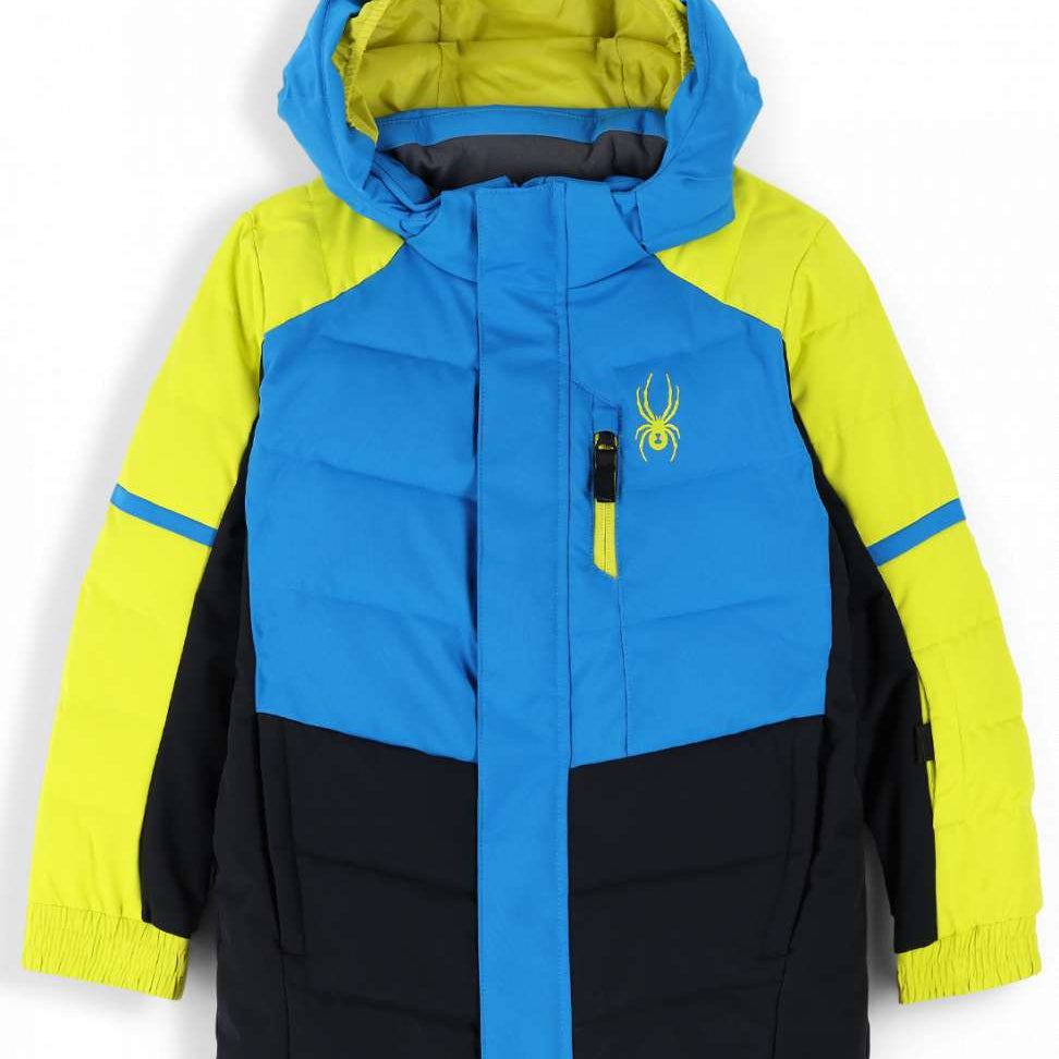 Spyder Boys Impulse Synthetic Down Jacket 2023 - A blue and black jacket with a yellow spider logo on the left chest.
