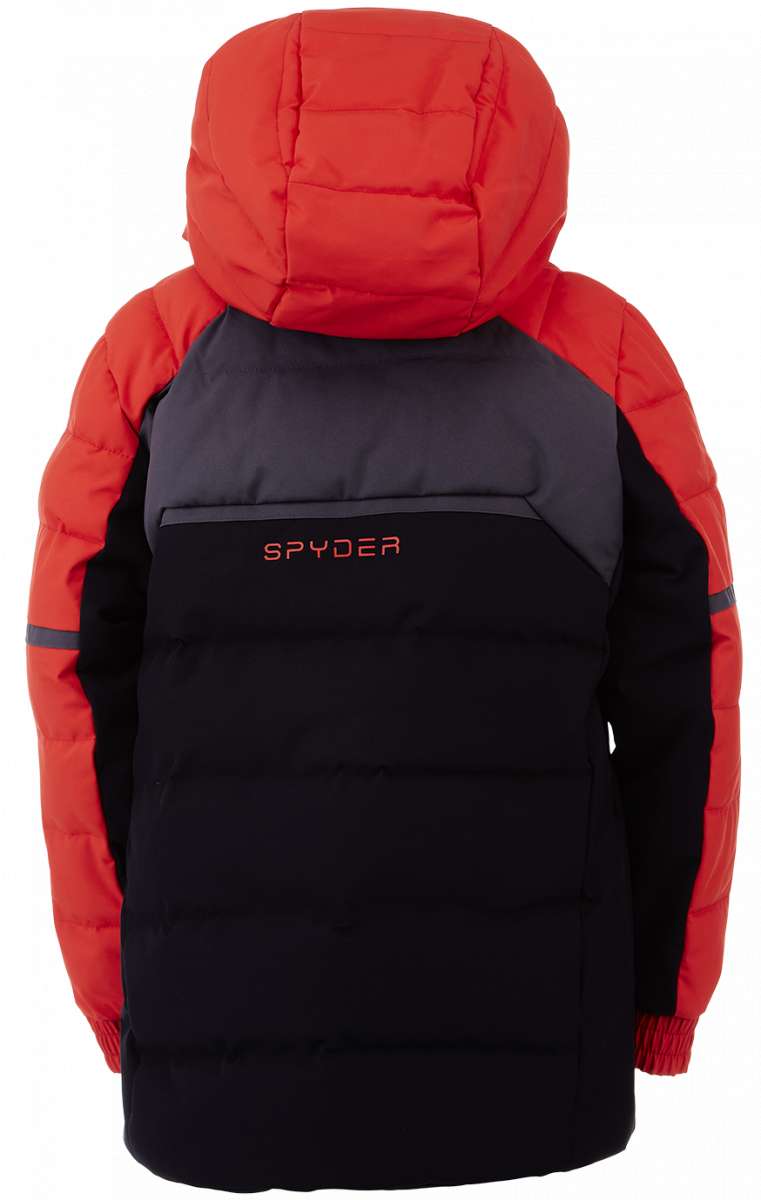 Spyder Boys Impulse Synthetic Down Jacket 2023 - A black jacket with red accents and a hood, featuring a quilted pattern on the sleeves.