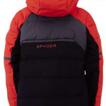 Spyder Boys Impulse Synthetic Down Jacket 2023 - A black jacket with red accents and a hood, featuring a quilted pattern on the sleeves.