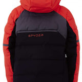 Spyder Boys Impulse Synthetic Down Jacket 2023 - A black jacket with red accents and a hood, featuring a quilted pattern on the sleeves.