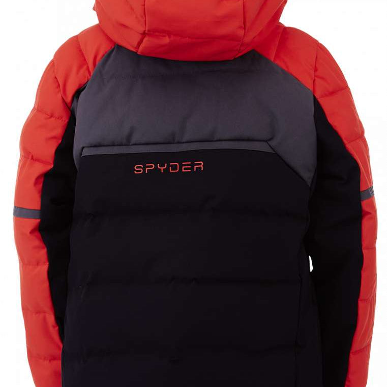 Spyder Boys Impulse Synthetic Down Jacket 2023 - A black jacket with red accents and a hood, featuring a quilted pattern on the sleeves.