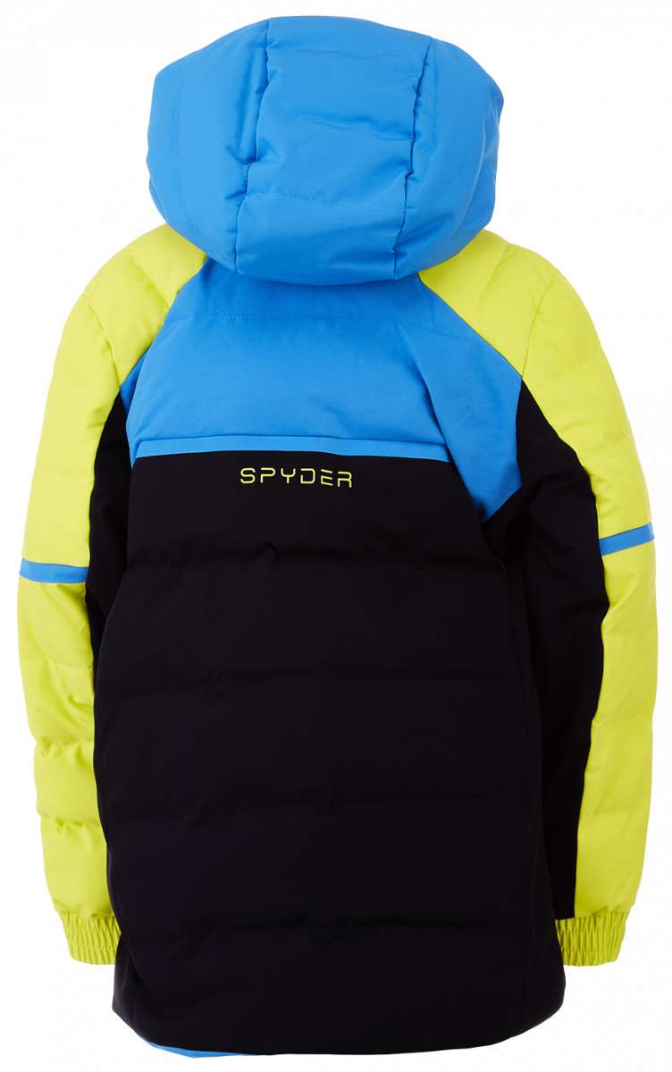 Spyder Boys Impulse Synthetic Down Jacket 2023 - A blue and black down jacket with a hood, featuring yellow accents on the sleeves.