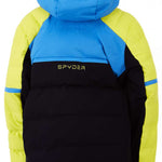 Spyder Boys Impulse Synthetic Down Jacket 2023 - A blue and black down jacket with a hood, featuring yellow accents on the sleeves.