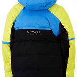 Spyder Boys Impulse Synthetic Down Jacket 2023 - A blue and black down jacket with a hood, featuring yellow accents on the sleeves.