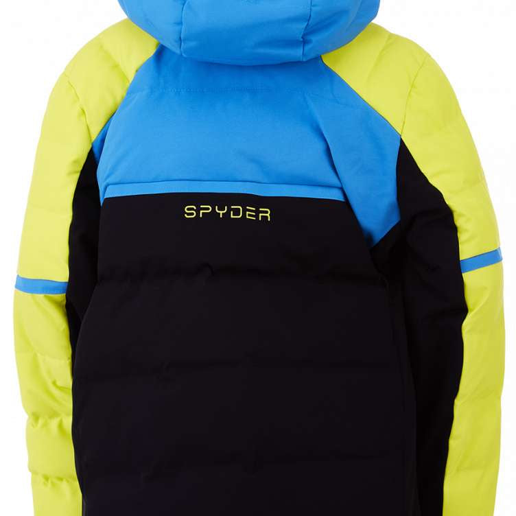 Spyder Boys Impulse Synthetic Down Jacket 2023 - A blue and black down jacket with a hood, featuring yellow accents on the sleeves.