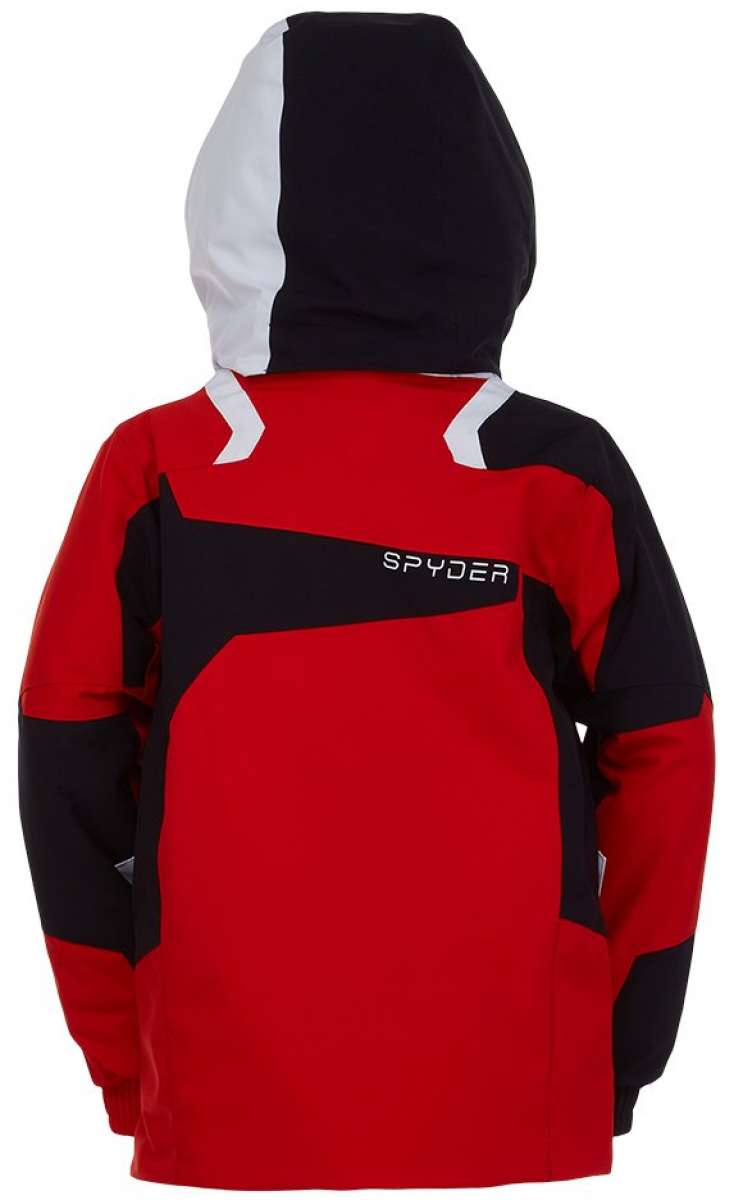 Spyder Boys Leader Insulated Jacket 2022 - A red jacket with black and white accents, featuring a hood and zippered pockets.