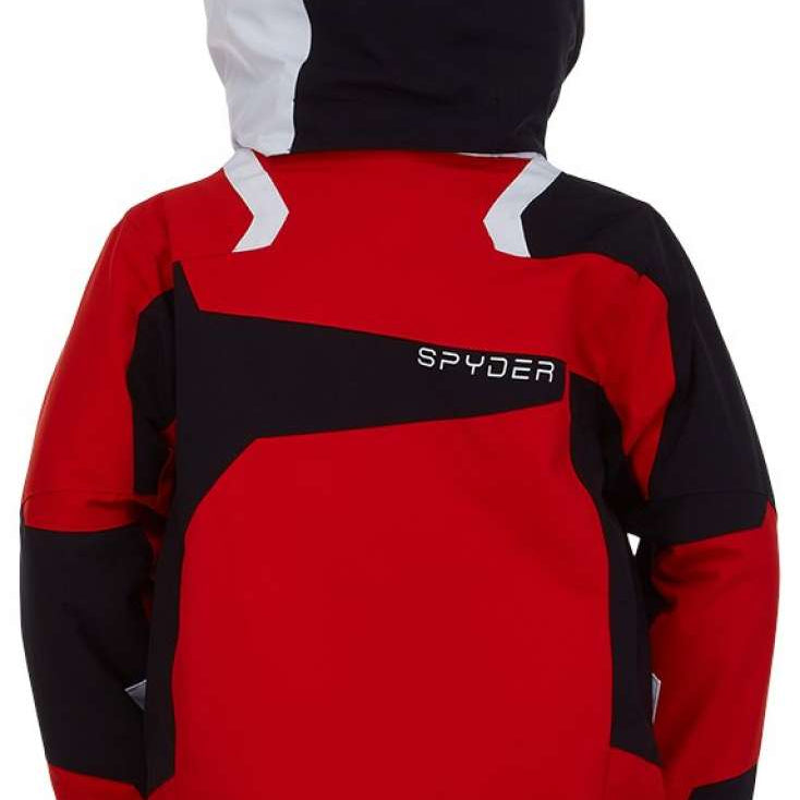 Spyder Boys Leader Insulated Jacket 2022 - A red jacket with black and white accents, featuring a hood and zippered pockets.