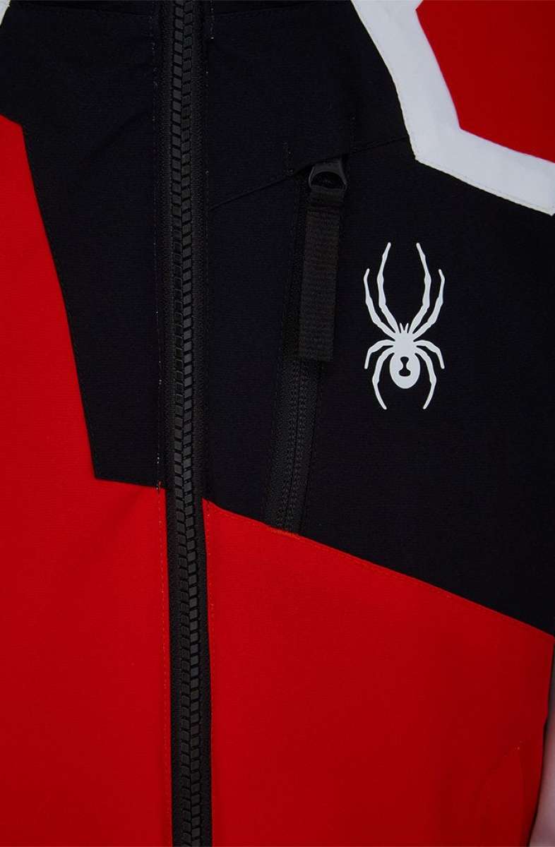 Spyder Boys Leader Insulated Jacket 2022 - A black jacket with a white spider logo on the left chest and red accents on the right sleeve.