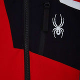 Spyder Boys Leader Insulated Jacket 2022 - A black jacket with a white spider logo on the left chest and red accents on the right sleeve.