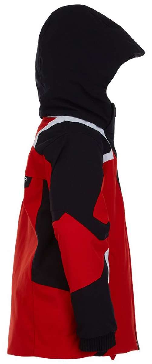 Spyder Boys Leader Insulated Jacket 2022 - Black jacket with red and white accents, featuring a hood and zippered pockets.