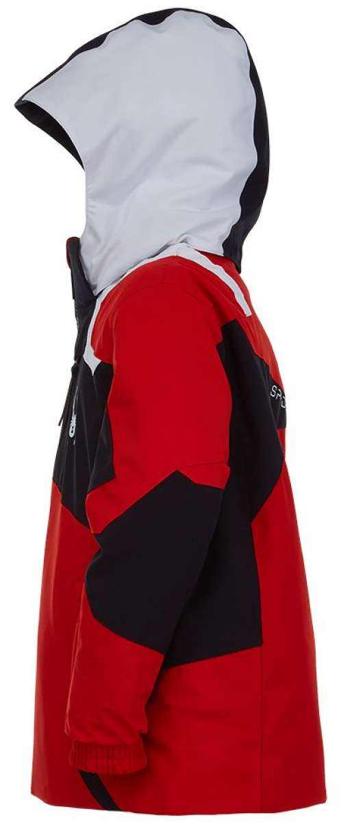 Spyder Boys Leader Insulated Jacket 2022 - A red jacket with black and white accents, featuring a hood and zippered pockets.