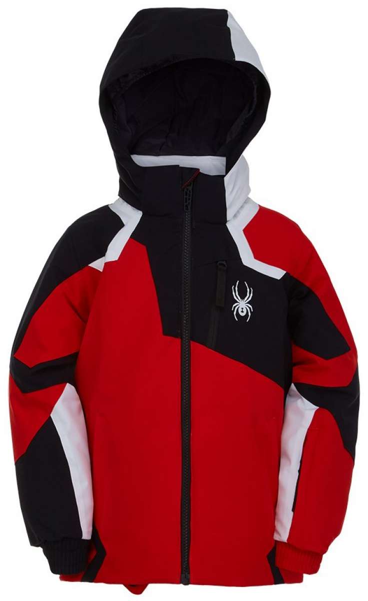 Spyder Boys Leader Insulated Jacket 2022 - A red, black and white jacket with a spider logo on the left chest area.